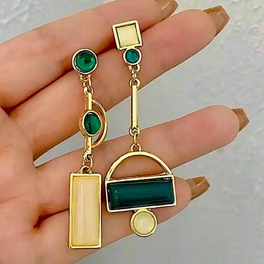 Handmade Gold-Plated Emerald Mismatched Geometric Dangle Earrings, Elegant